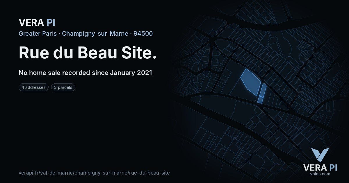 Rue du Beau Site, Champigny-sur-Marne at night – every parcel coloured by the prices around it, the street's own parcels lit