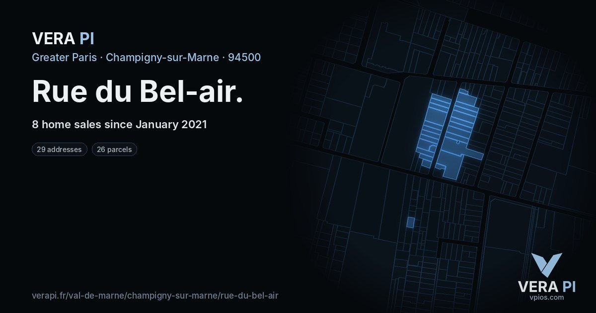 Rue du Bel-air, Champigny-sur-Marne at night – every parcel coloured by the prices around it, the street's own parcels lit
