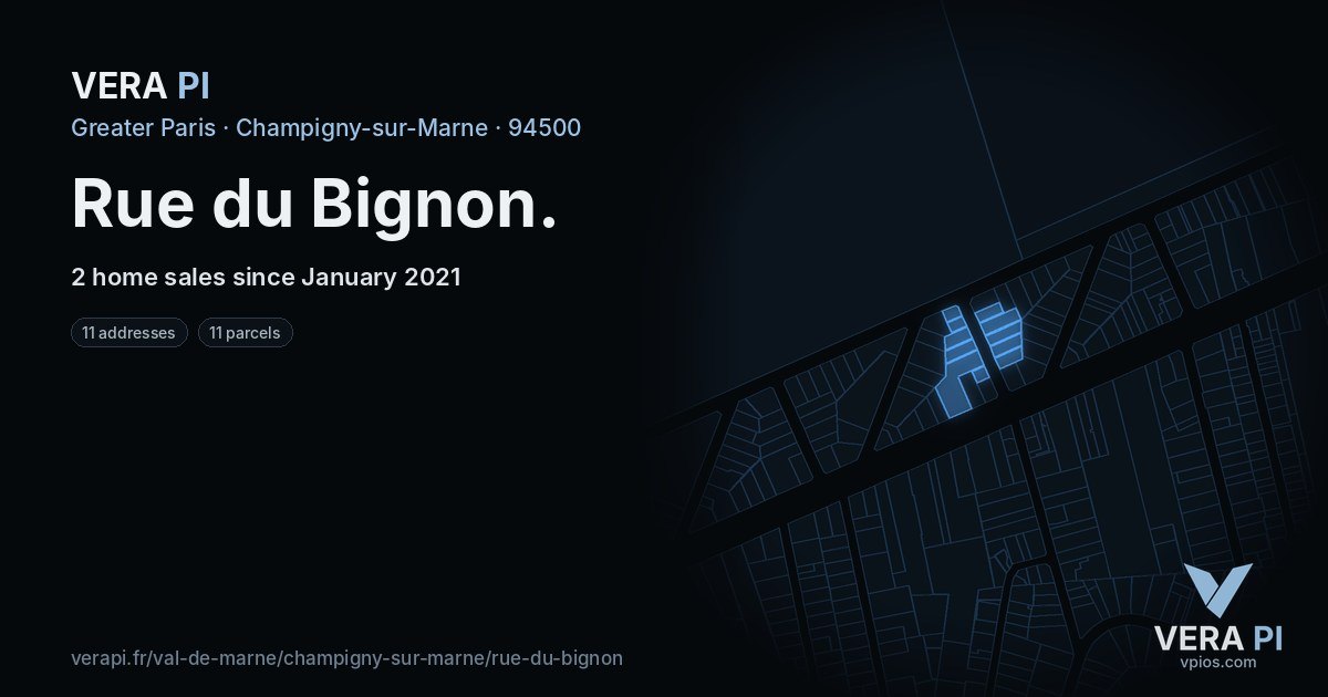 Rue du Bignon, Champigny-sur-Marne at night – every parcel coloured by the prices around it, the street's own parcels lit