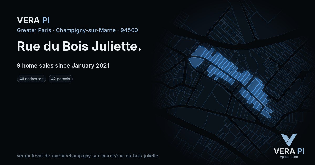 Rue du Bois Juliette, Champigny-sur-Marne at night – every parcel coloured by the prices around it, the street's own parcels lit