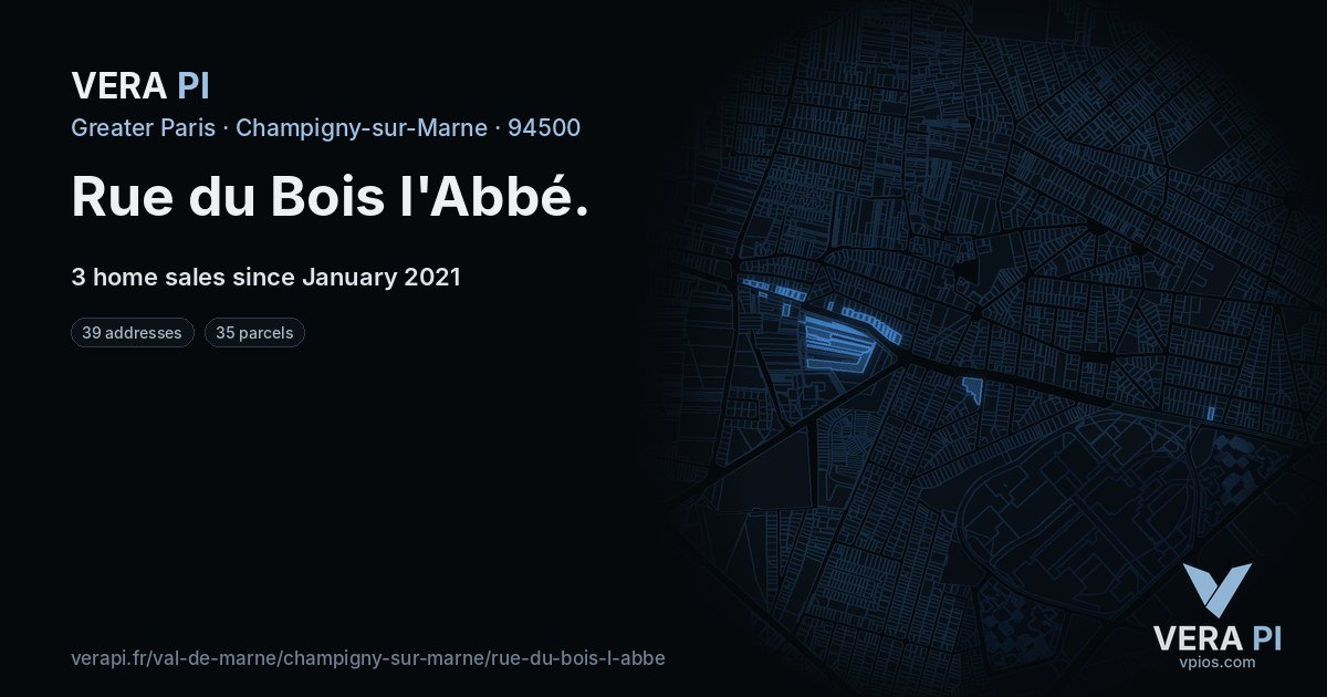 Rue du Bois l'Abbé, Champigny-sur-Marne at night – every parcel coloured by the prices around it, the street's own parcels lit