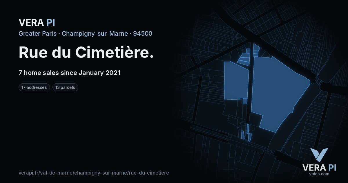 Rue du Cimetière, Champigny-sur-Marne at night – every parcel coloured by the prices around it, the street's own parcels lit