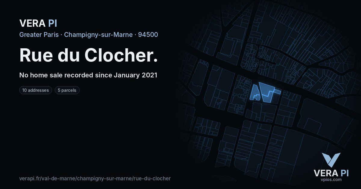 Rue du Clocher, Champigny-sur-Marne at night – every parcel coloured by the prices around it, the street's own parcels lit