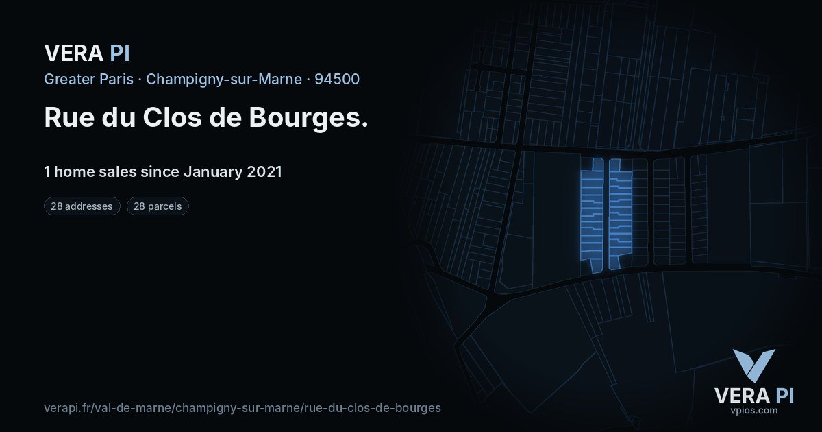 Rue du Clos de Bourges, Champigny-sur-Marne at night – every parcel coloured by the prices around it, the street's own parcels lit