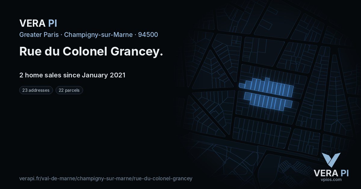 Rue du Colonel Grancey, Champigny-sur-Marne at night – every parcel coloured by the prices around it, the street's own parcels lit