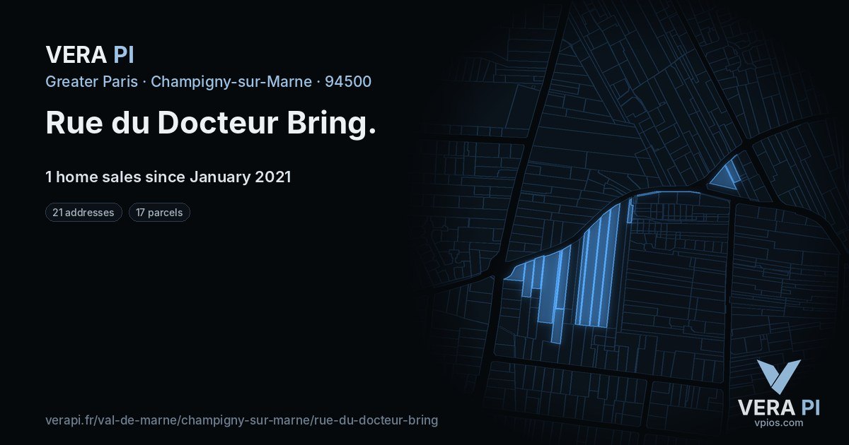 Rue du Docteur Bring, Champigny-sur-Marne at night – every parcel coloured by the prices around it, the street's own parcels lit
