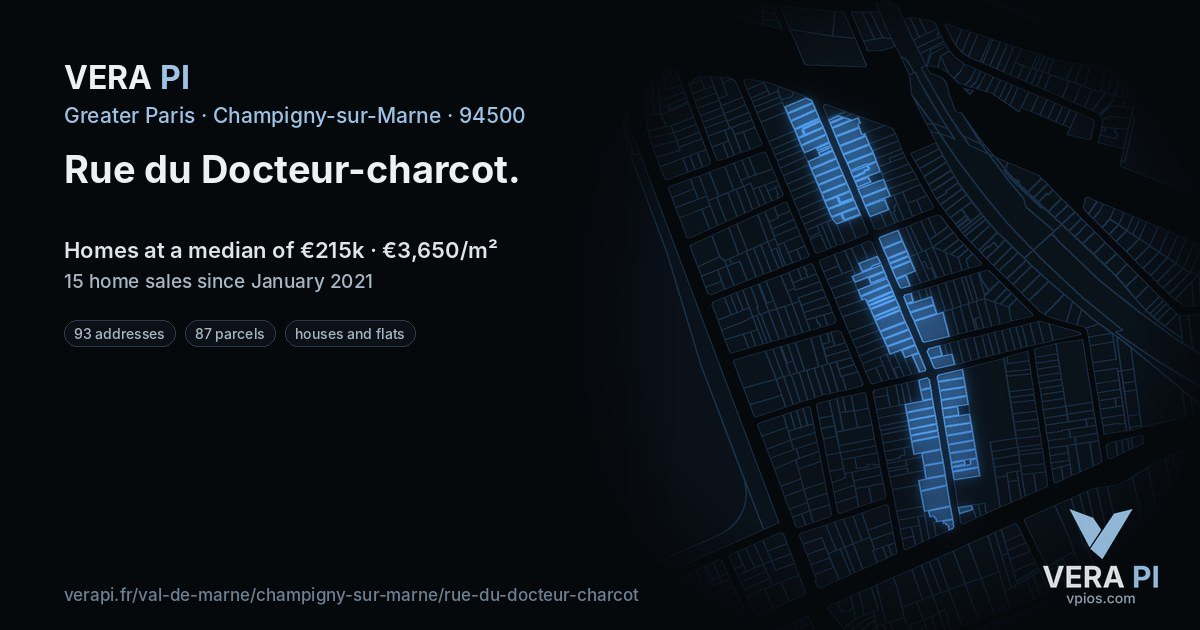 Rue du Docteur-charcot, Champigny-sur-Marne at night – every parcel coloured by the prices around it, the street's own parcels lit