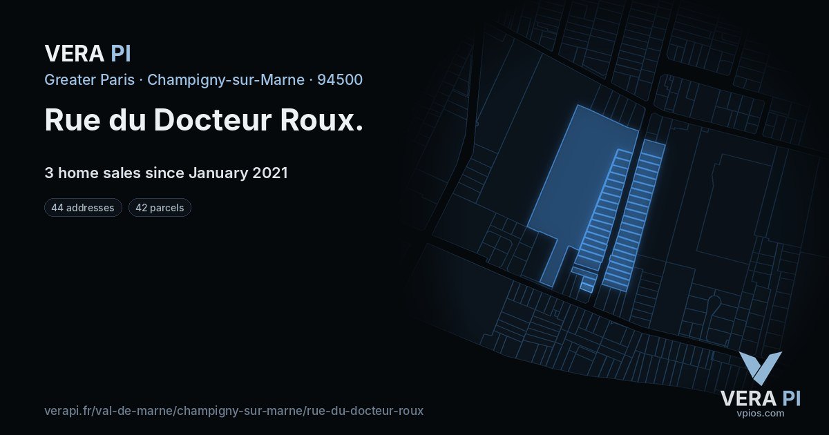 Rue du Docteur Roux, Champigny-sur-Marne at night – every parcel coloured by the prices around it, the street's own parcels lit