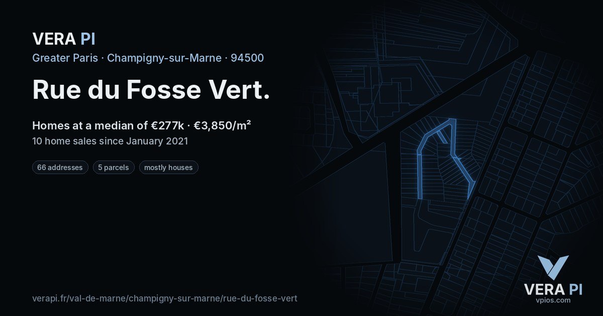 Rue du Fosse Vert, Champigny-sur-Marne at night – every parcel coloured by the prices around it, the street's own parcels lit