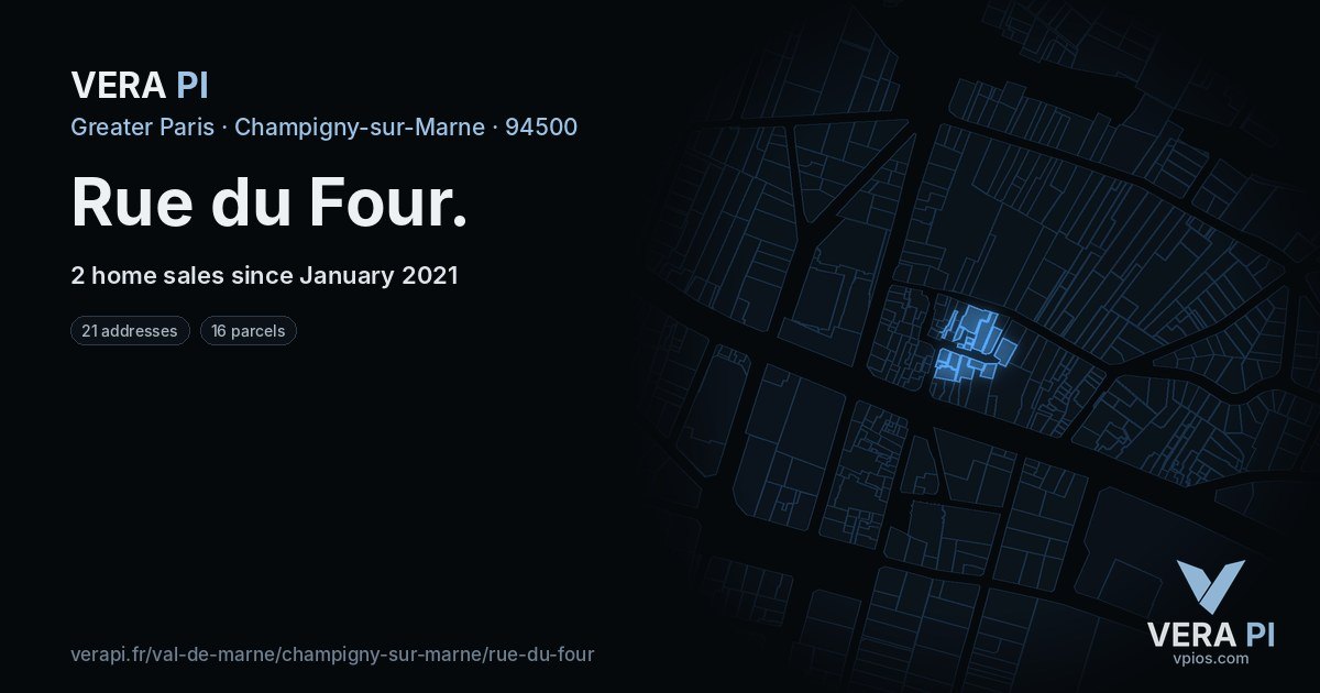 Rue du Four, Champigny-sur-Marne at night – every parcel coloured by the prices around it, the street's own parcels lit