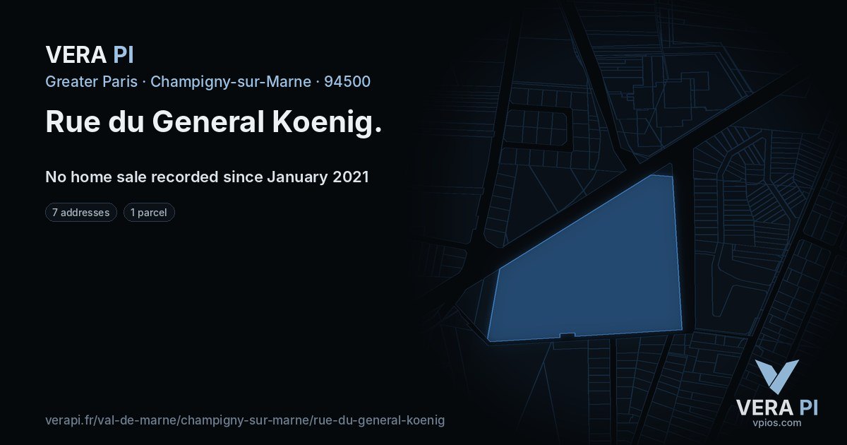 Rue du General Koenig, Champigny-sur-Marne at night – every parcel coloured by the prices around it, the street's own parcels lit