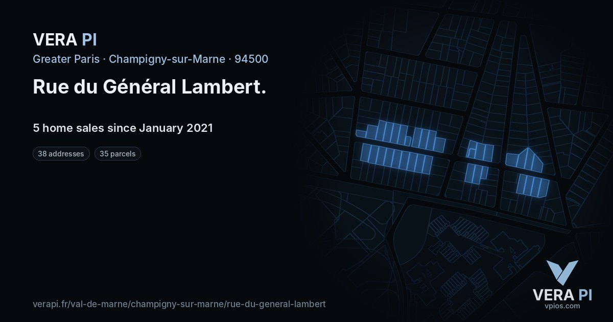 Rue du Général Lambert, Champigny-sur-Marne at night – every parcel coloured by the prices around it, the street's own parcels lit