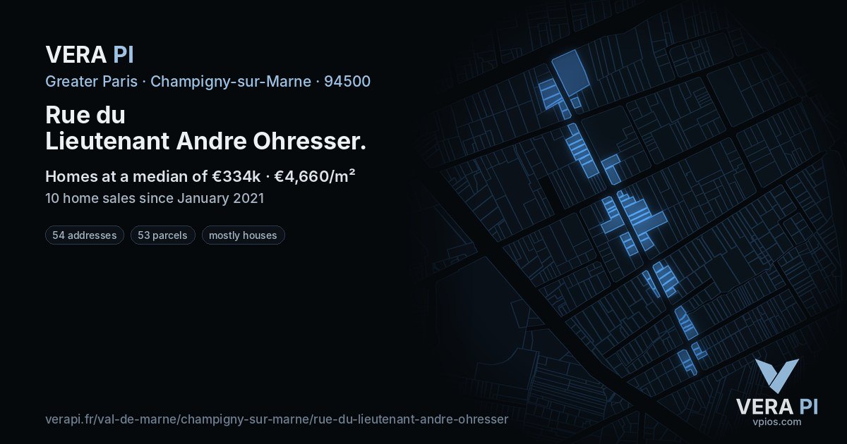 Rue du Lieutenant Andre Ohresser, Champigny-sur-Marne at night – every parcel coloured by the prices around it, the street's own parcels lit