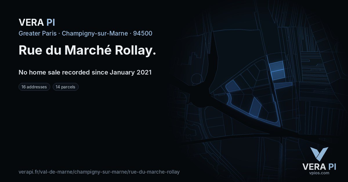 Rue du Marché Rollay, Champigny-sur-Marne at night – every parcel coloured by the prices around it, the street's own parcels lit
