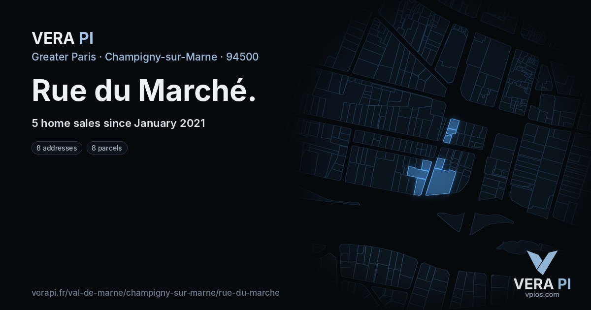 Rue du Marché, Champigny-sur-Marne at night – every parcel coloured by the prices around it, the street's own parcels lit