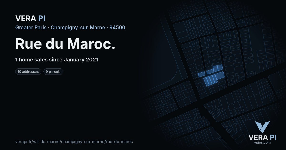 Rue du Maroc, Champigny-sur-Marne at night – every parcel coloured by the prices around it, the street's own parcels lit