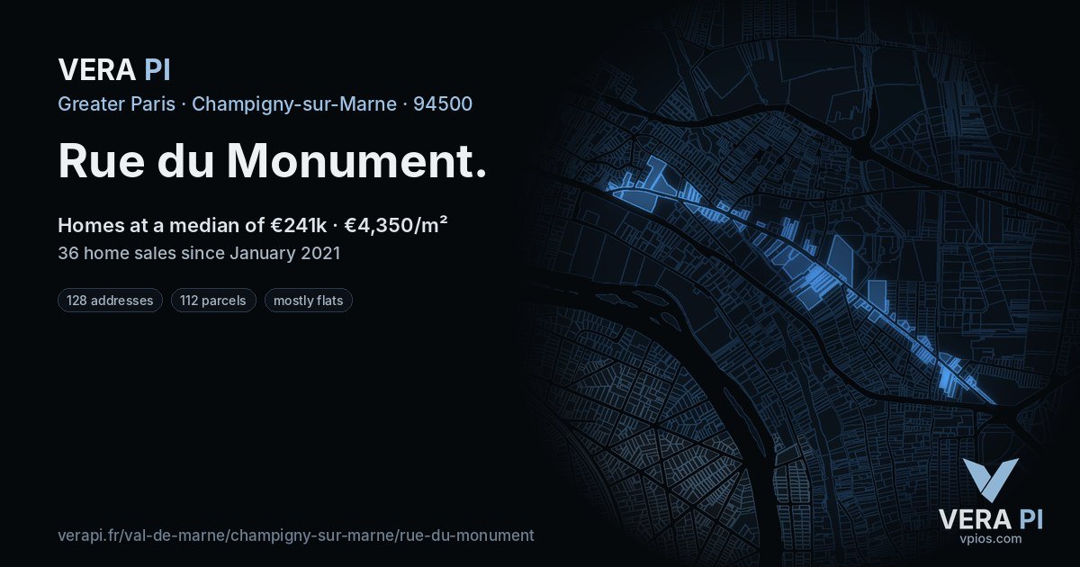 Rue du Monument, Champigny-sur-Marne at night – every parcel coloured by the prices around it, the street's own parcels lit