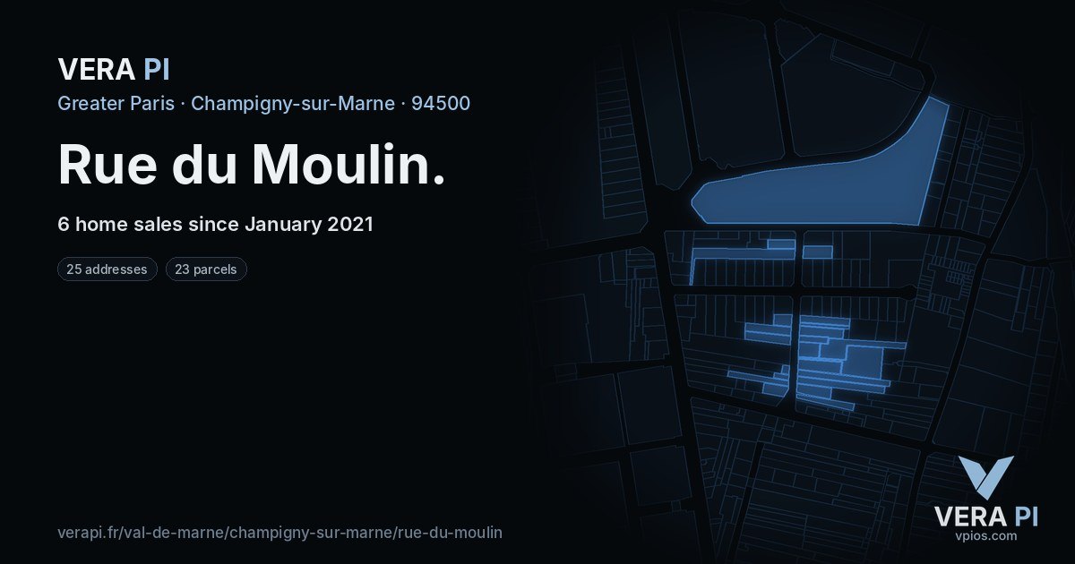 Rue du Moulin, Champigny-sur-Marne at night – every parcel coloured by the prices around it, the street's own parcels lit