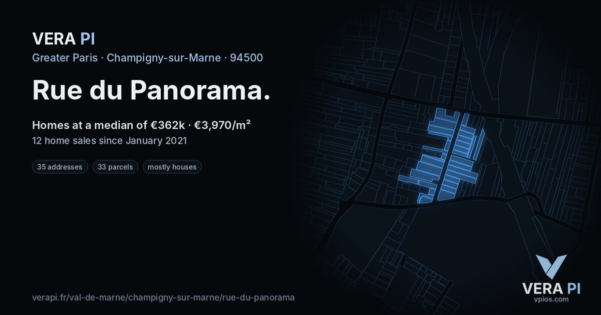 Rue du Panorama, Champigny-sur-Marne at night – every parcel coloured by the prices around it, the street's own parcels lit