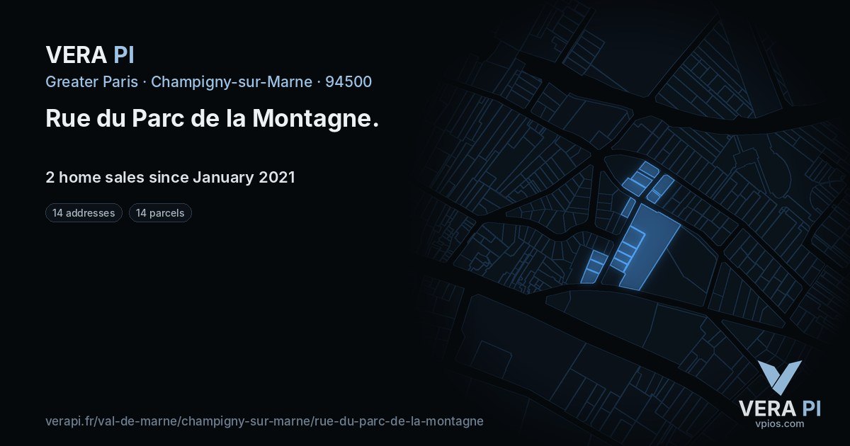 Rue du Parc de la Montagne, Champigny-sur-Marne at night – every parcel coloured by the prices around it, the street's own parcels lit