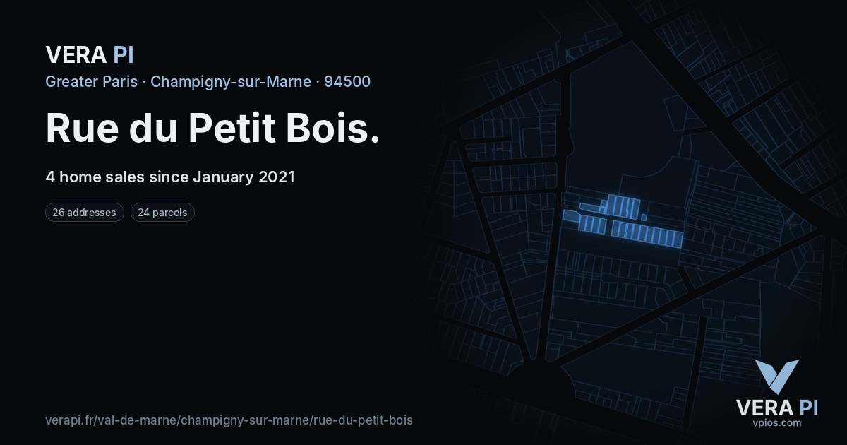Rue du Petit Bois, Champigny-sur-Marne at night – every parcel coloured by the prices around it, the street's own parcels lit