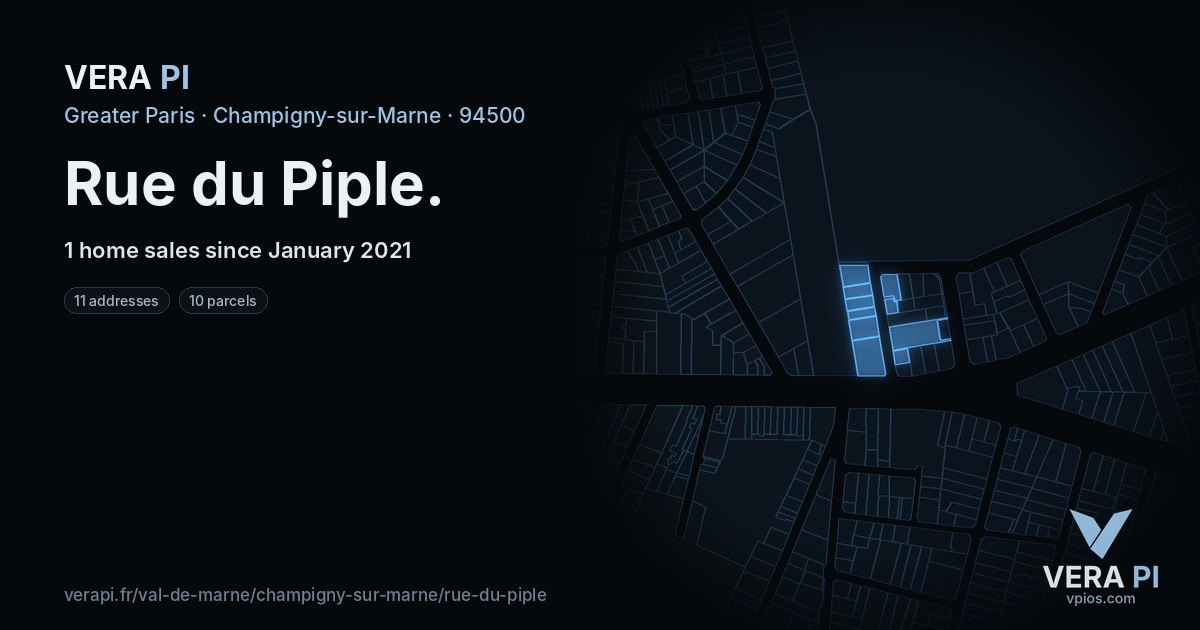 Rue du Piple, Champigny-sur-Marne at night – every parcel coloured by the prices around it, the street's own parcels lit