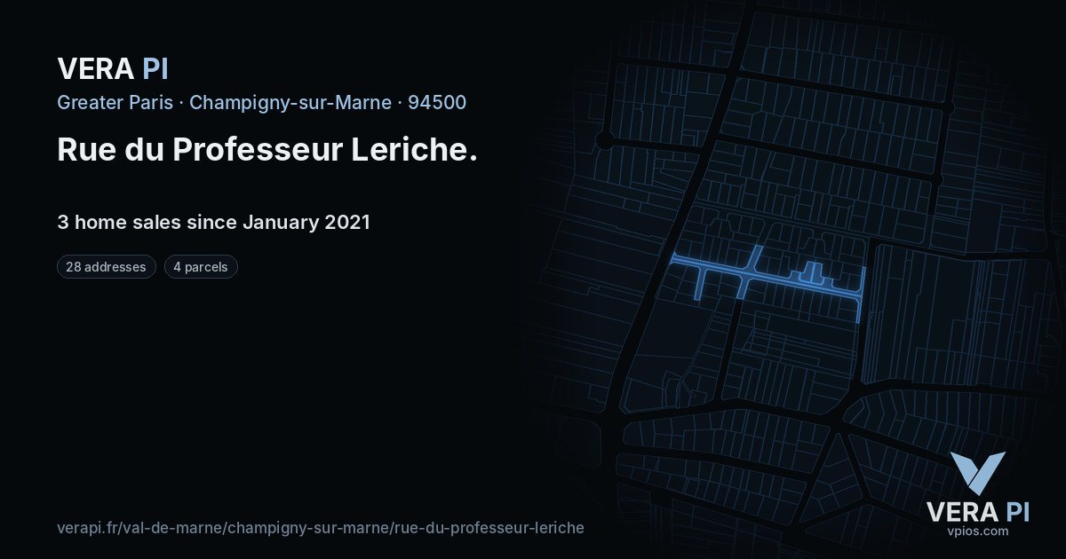 Rue du Professeur Leriche, Champigny-sur-Marne at night – every parcel coloured by the prices around it, the street's own parcels lit