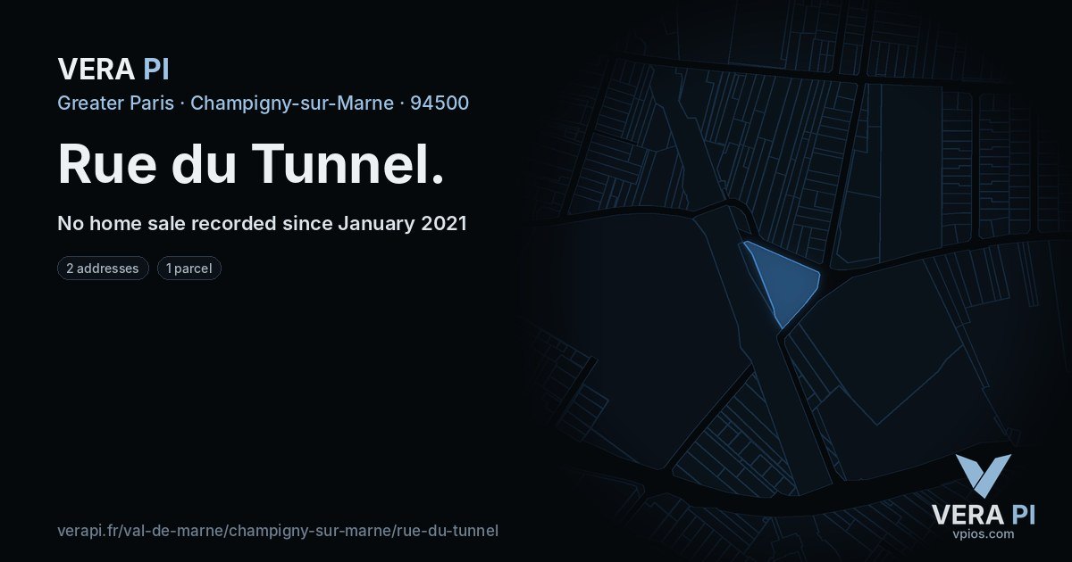 Rue du Tunnel, Champigny-sur-Marne at night – every parcel coloured by the prices around it, the street's own parcels lit