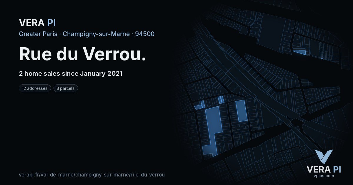 Rue du Verrou, Champigny-sur-Marne at night – every parcel coloured by the prices around it, the street's own parcels lit