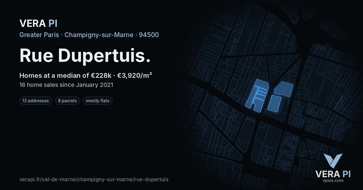 Rue Dupertuis, Champigny-sur-Marne at night – every parcel coloured by the prices around it, the street's own parcels lit