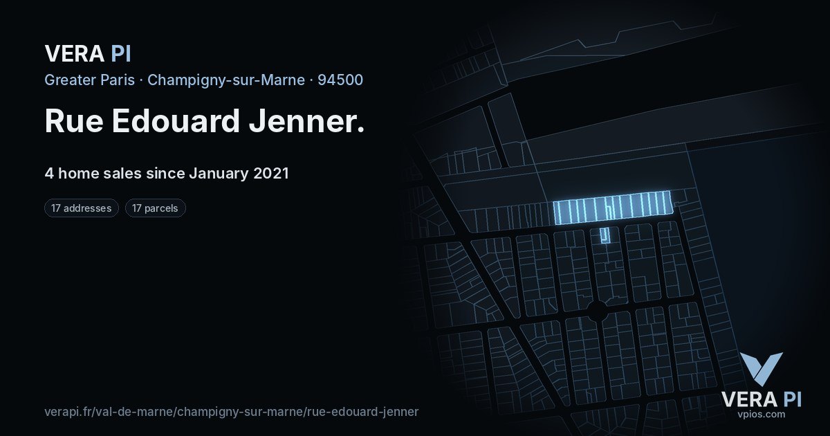 Rue Edouard Jenner, Champigny-sur-Marne at night – every parcel coloured by the prices around it, the street's own parcels lit