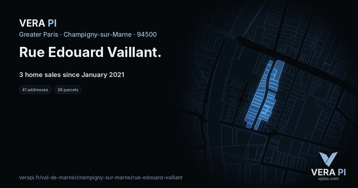 Rue Edouard Vaillant, Champigny-sur-Marne at night – every parcel coloured by the prices around it, the street's own parcels lit