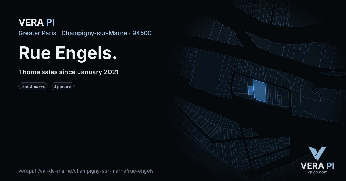 Rue Engels, Champigny-sur-Marne at night – every parcel coloured by the prices around it, the street's own parcels lit