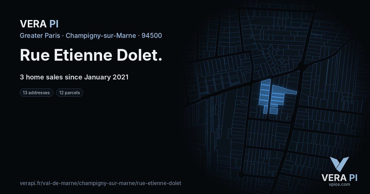 Rue Etienne Dolet, Champigny-sur-Marne at night – every parcel coloured by the prices around it, the street's own parcels lit