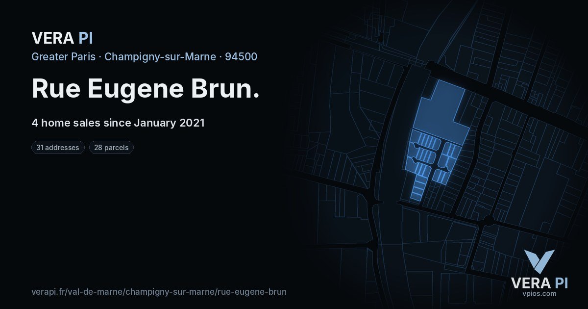 Rue Eugene Brun, Champigny-sur-Marne at night – every parcel coloured by the prices around it, the street's own parcels lit