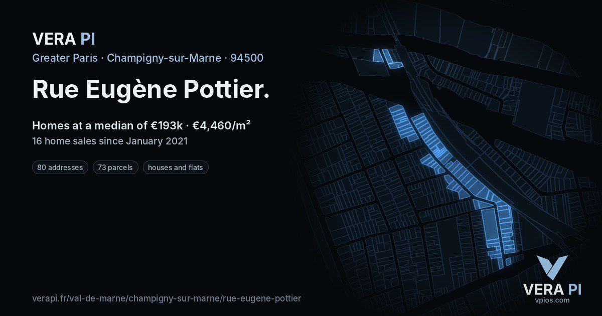 Rue Eugène Pottier, Champigny-sur-Marne at night – every parcel coloured by the prices around it, the street's own parcels lit