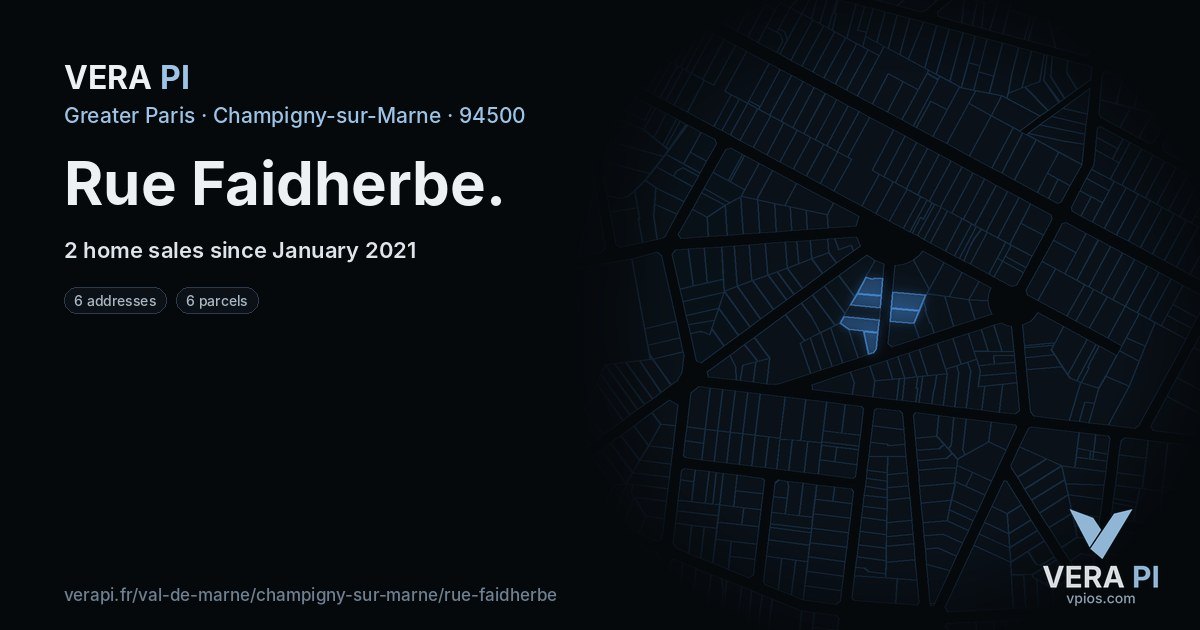 Rue Faidherbe, Champigny-sur-Marne at night – every parcel coloured by the prices around it, the street's own parcels lit