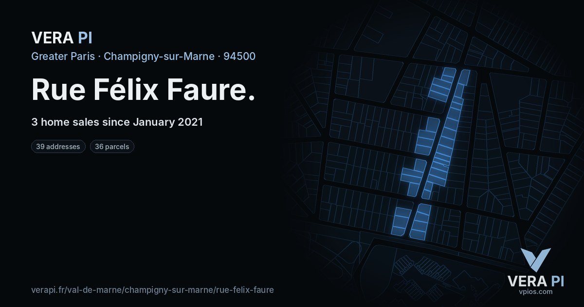 Rue Félix Faure, Champigny-sur-Marne at night – every parcel coloured by the prices around it, the street's own parcels lit