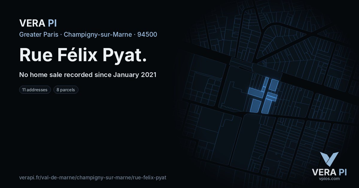 Rue Félix Pyat, Champigny-sur-Marne at night – every parcel coloured by the prices around it, the street's own parcels lit