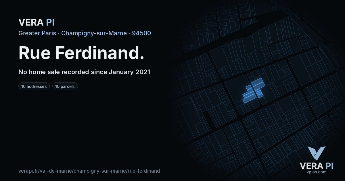 Rue Ferdinand, Champigny-sur-Marne at night – every parcel coloured by the prices around it, the street's own parcels lit