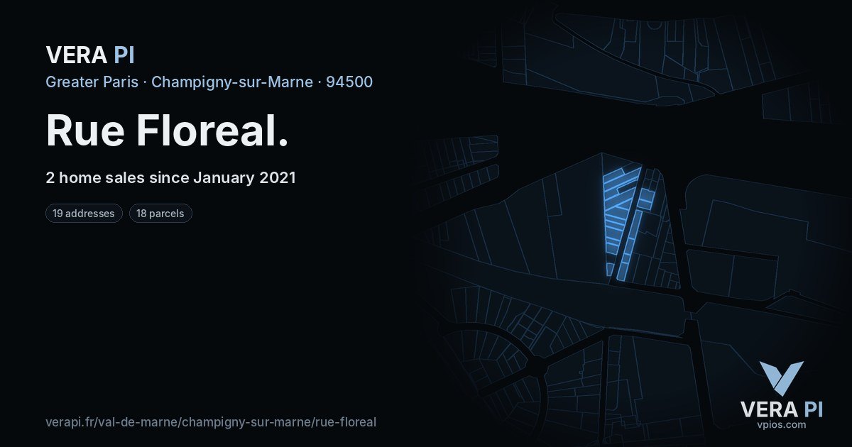 Rue Floreal, Champigny-sur-Marne at night – every parcel coloured by the prices around it, the street's own parcels lit