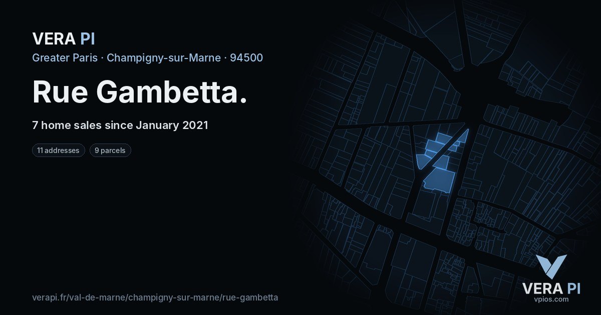 Rue Gambetta, Champigny-sur-Marne at night – every parcel coloured by the prices around it, the street's own parcels lit