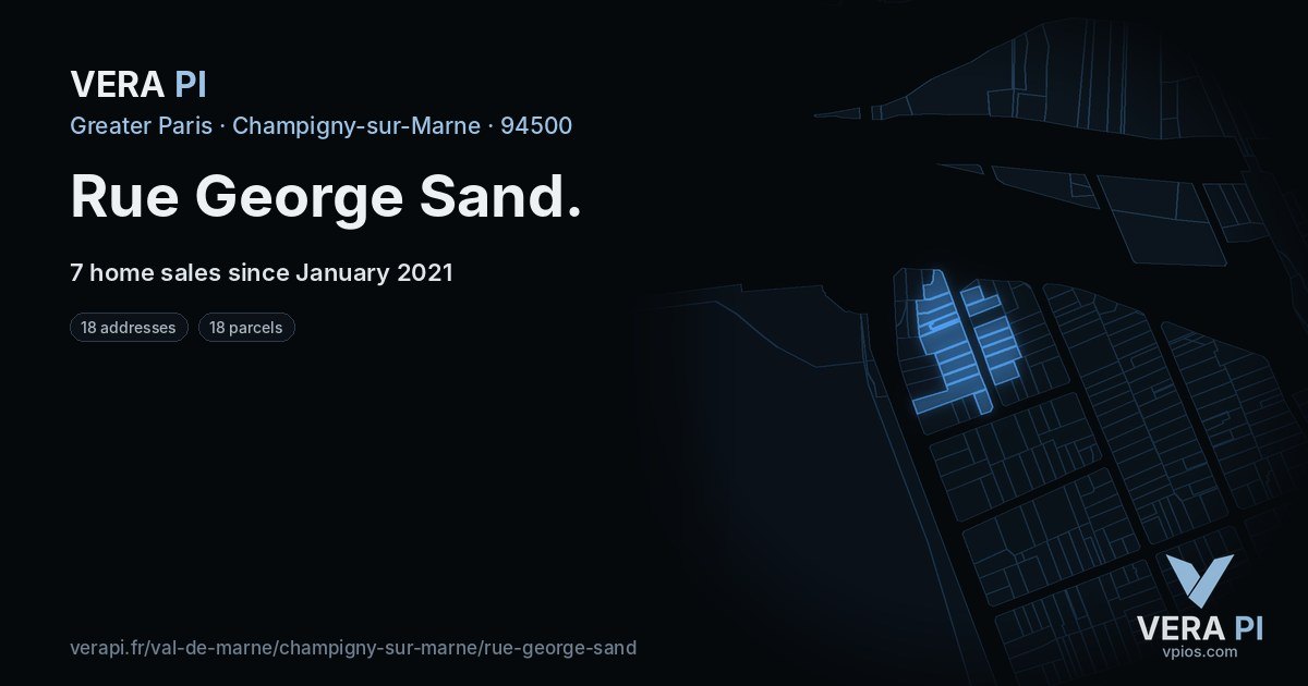 Rue George Sand, Champigny-sur-Marne at night – every parcel coloured by the prices around it, the street's own parcels lit