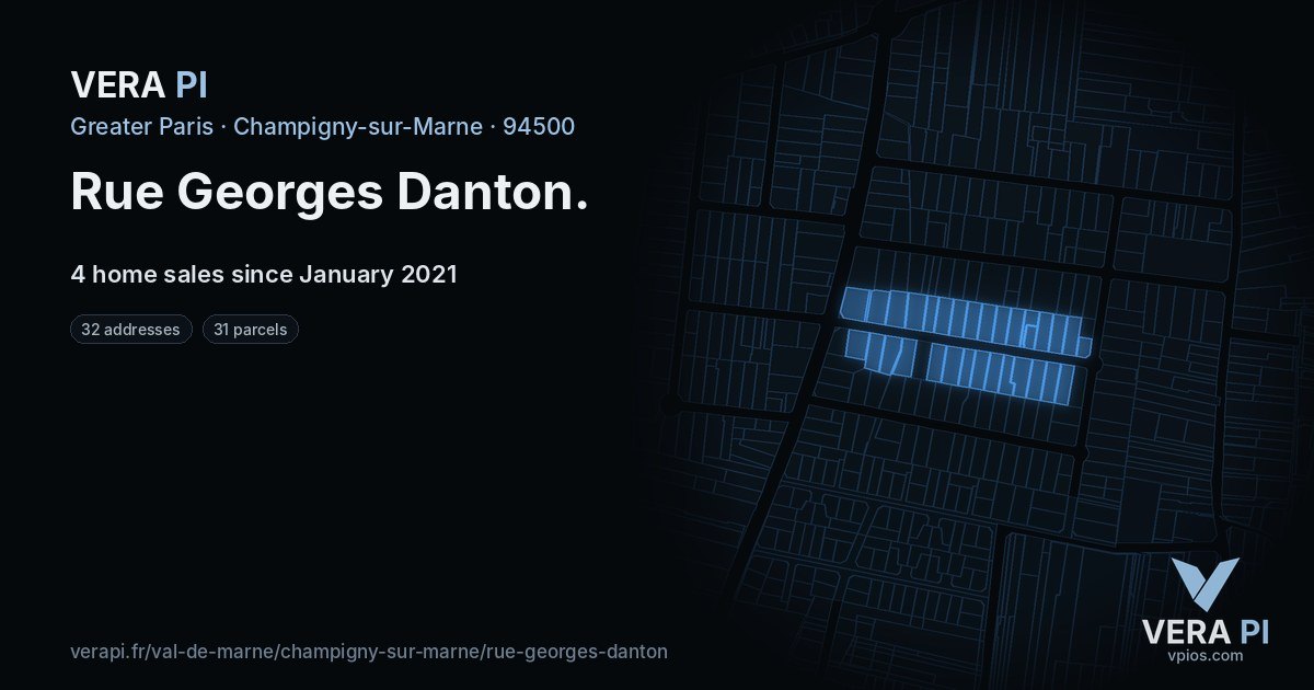 Rue Georges Danton, Champigny-sur-Marne at night – every parcel coloured by the prices around it, the street's own parcels lit