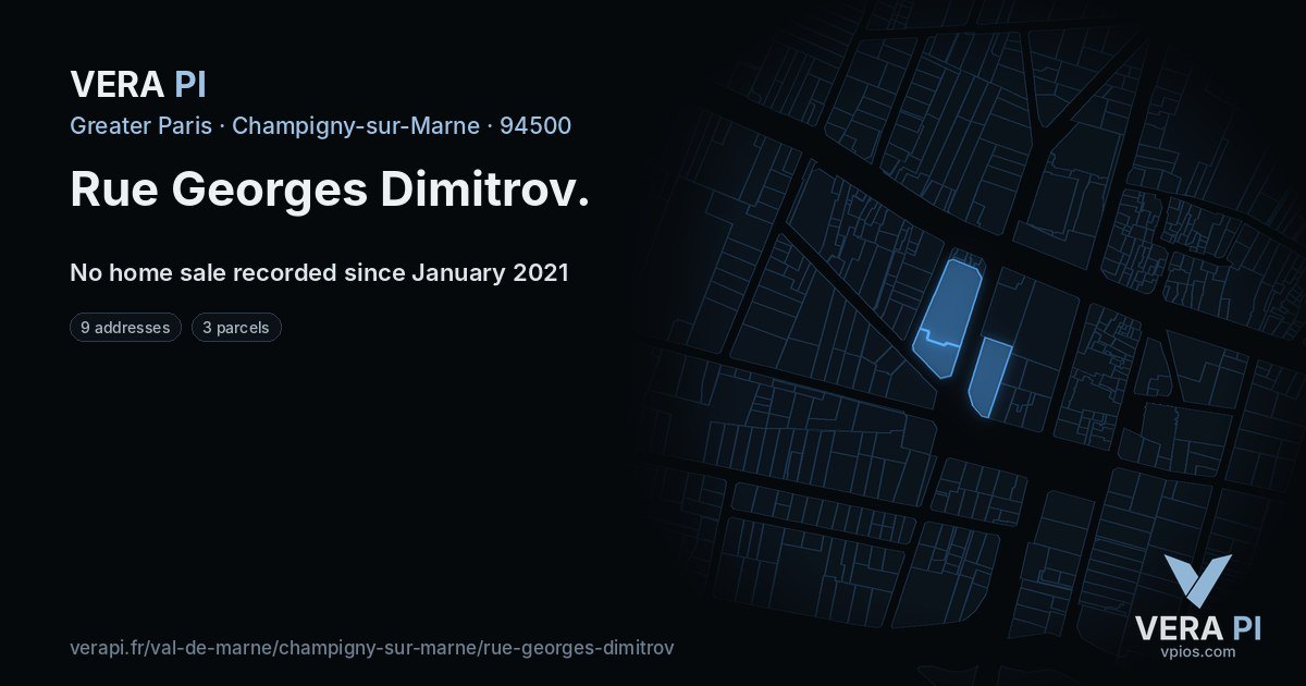 Rue Georges Dimitrov, Champigny-sur-Marne at night – every parcel coloured by the prices around it, the street's own parcels lit