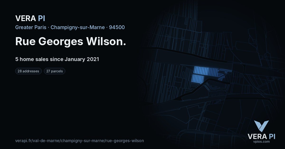 Rue Georges Wilson, Champigny-sur-Marne at night – every parcel coloured by the prices around it, the street's own parcels lit