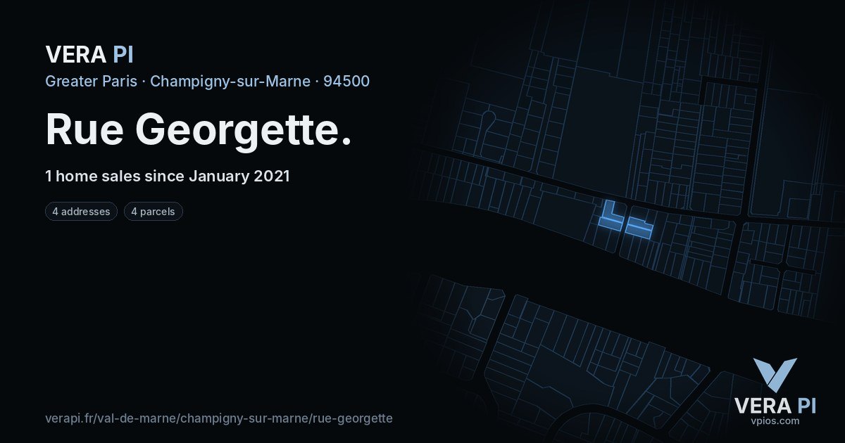 Rue Georgette, Champigny-sur-Marne at night – every parcel coloured by the prices around it, the street's own parcels lit