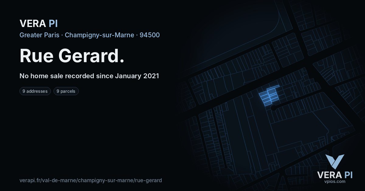 Rue Gerard, Champigny-sur-Marne at night – every parcel coloured by the prices around it, the street's own parcels lit