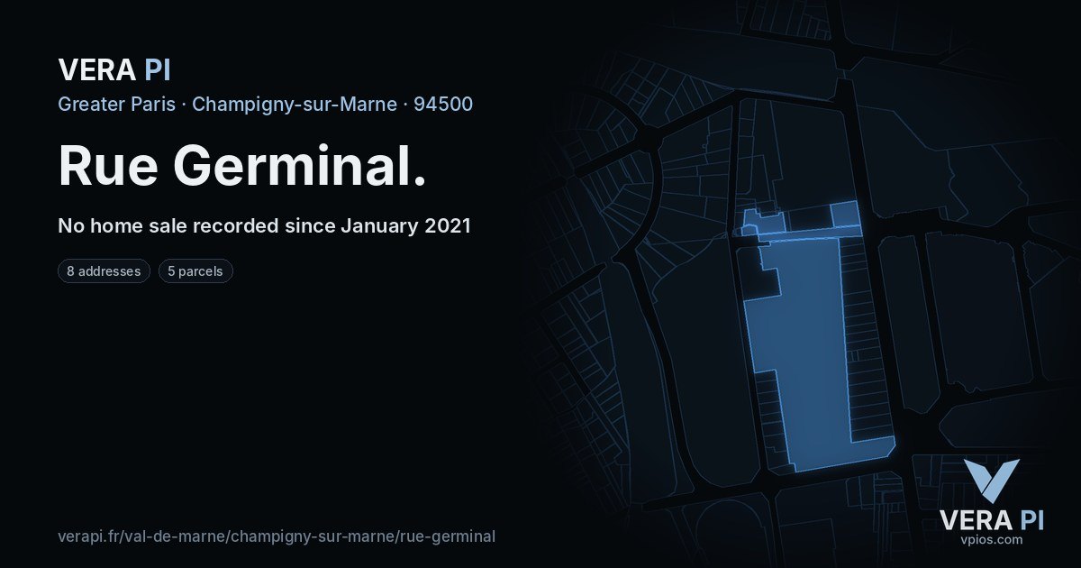 Rue Germinal, Champigny-sur-Marne at night – every parcel coloured by the prices around it, the street's own parcels lit