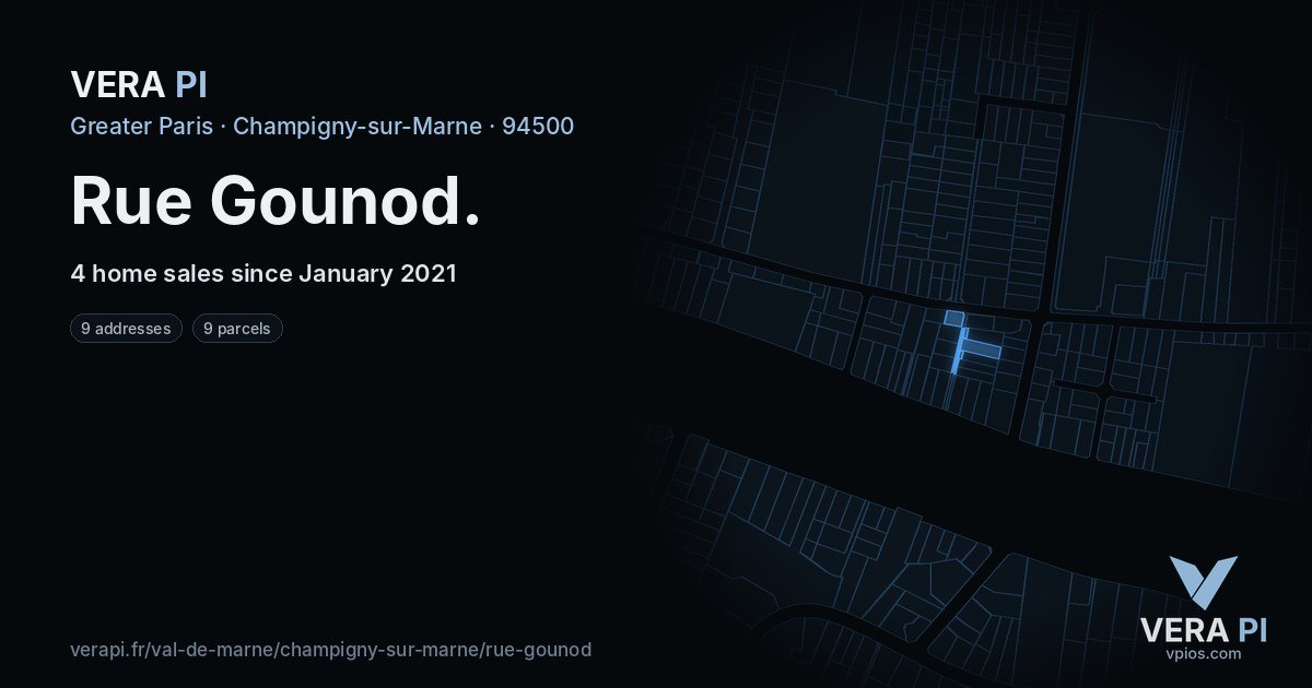 Rue Gounod, Champigny-sur-Marne at night – every parcel coloured by the prices around it, the street's own parcels lit